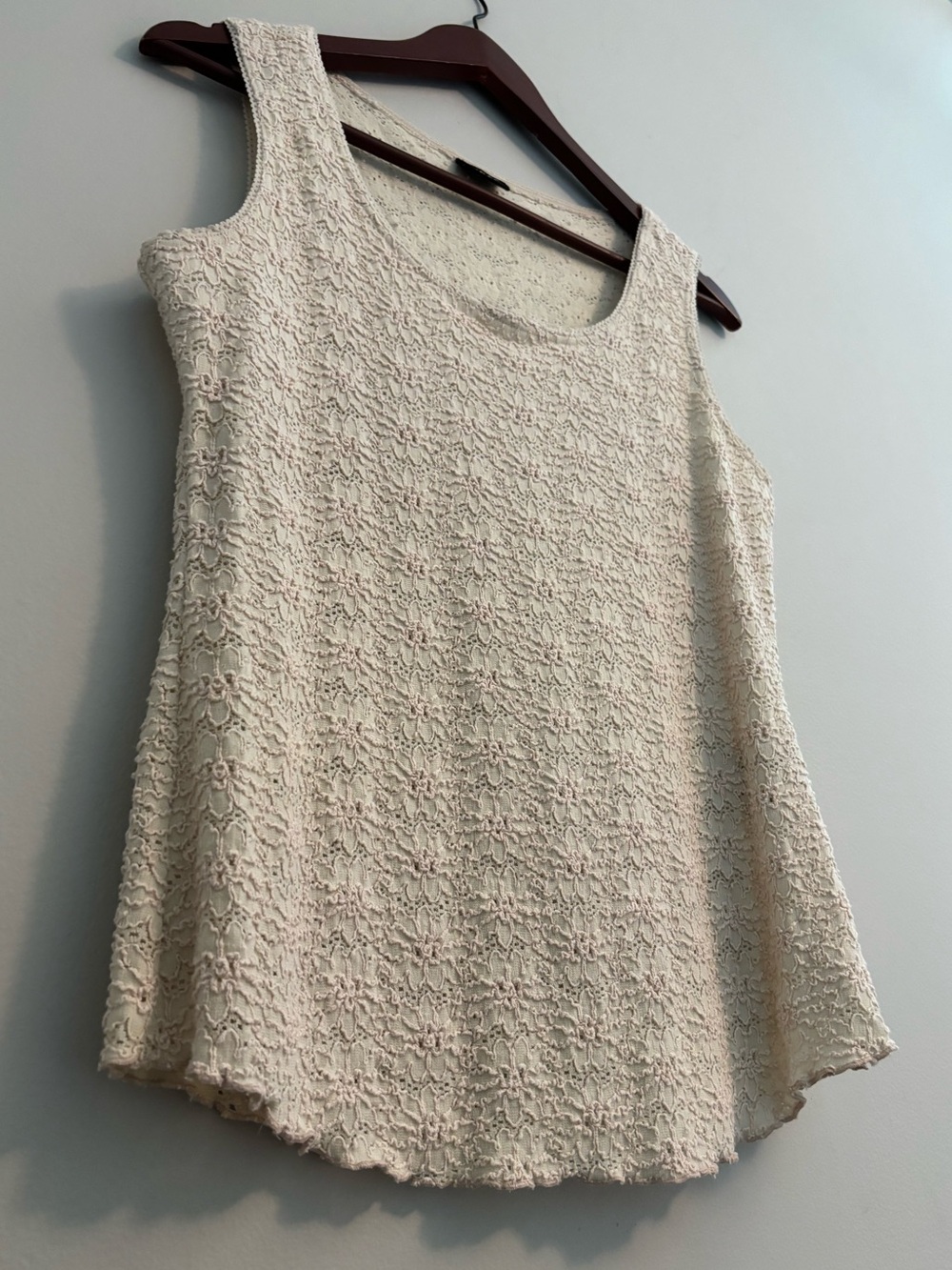 Tribal Textured Beige Tank Top Layering Flower Detail Ribbed at Torso Hem Nylon